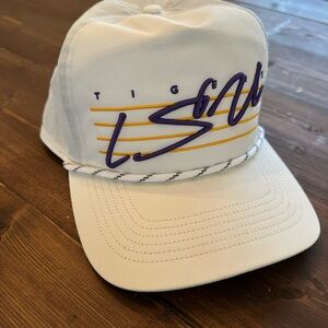 White LSU Hat with Purple and Yellow Script Accent